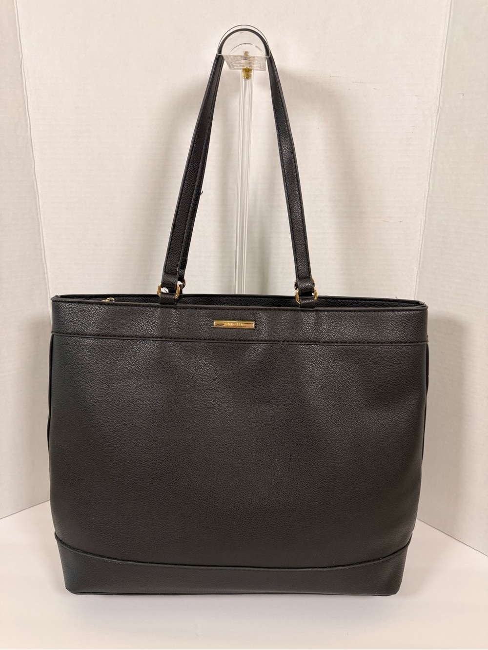 Anne Klein Black Pebbled Leather Tote with Gold Accent